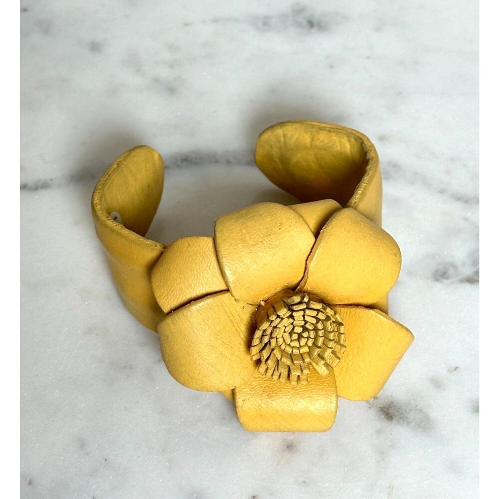 Two’s Company Yellow Leather Flower Cuff Bracelet Boho Artisan Made Indonesia